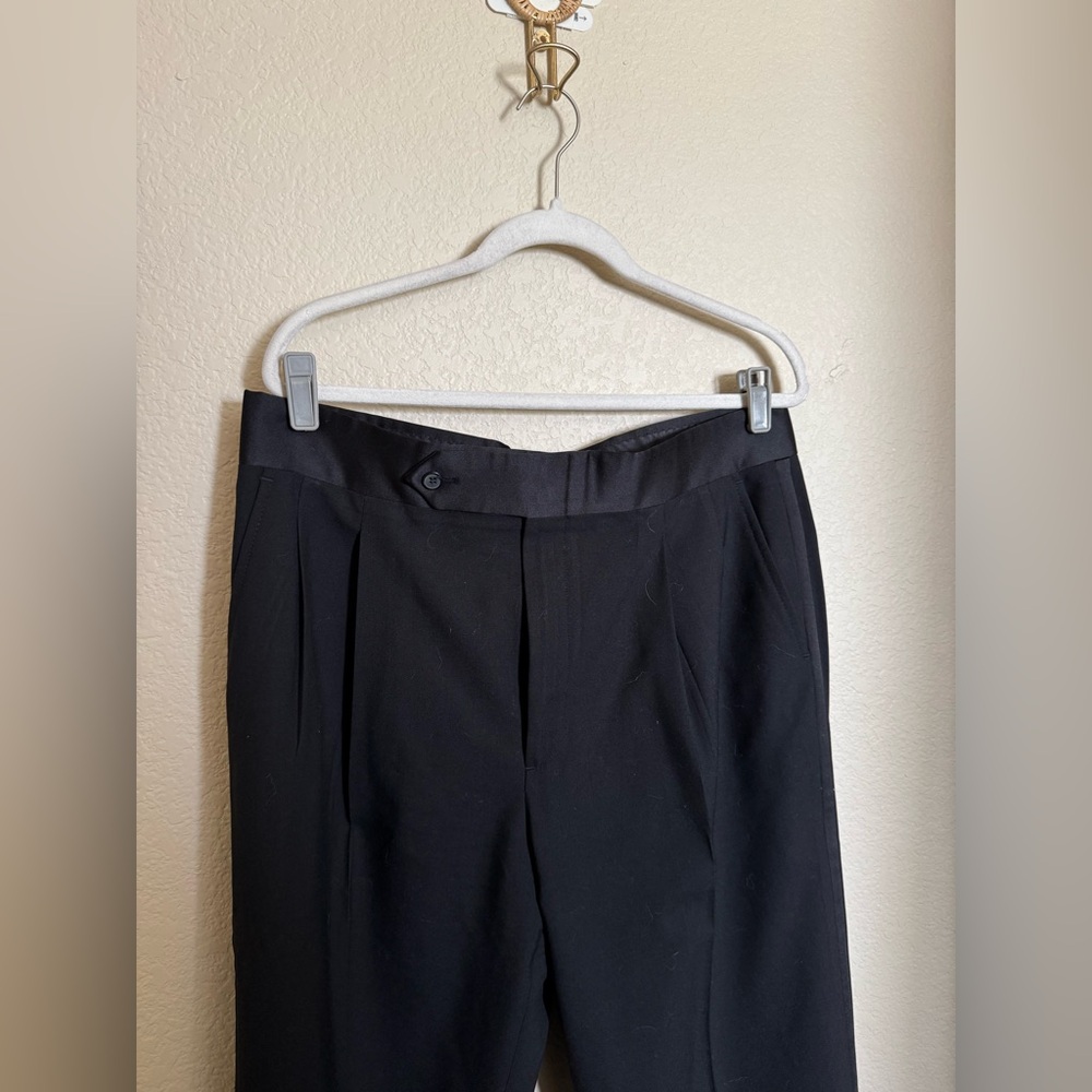 CHRISTIAN DIOR Dress Pants Pleated Cuffed Belt Loops Mens Size 38 Black Tuxedo - Picture 2 of 7